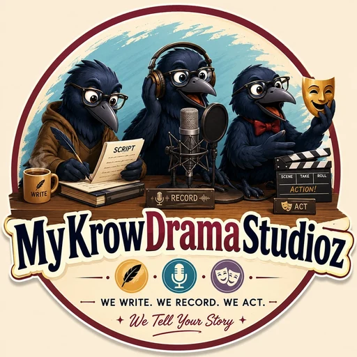 MyKrowDramaStudioz logo: three crows writing a script, recording at a microphone and acting with a theatre mask — We Write. We Record. We Act. We Tell Your Story.