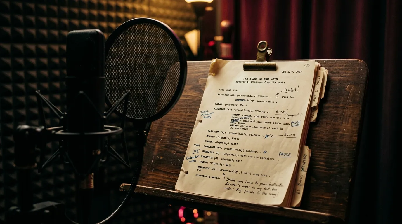 Audio drama script on a stand beside a microphone